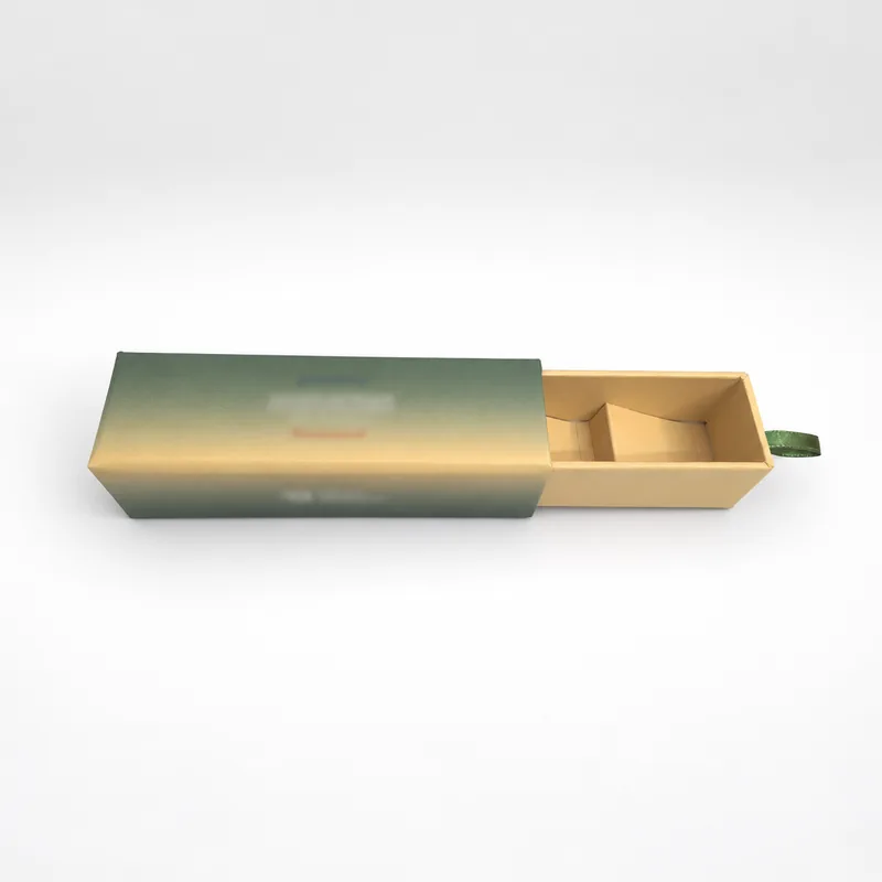 Drawer box half open, showing a kraft-color tray inside the gradient sleeve