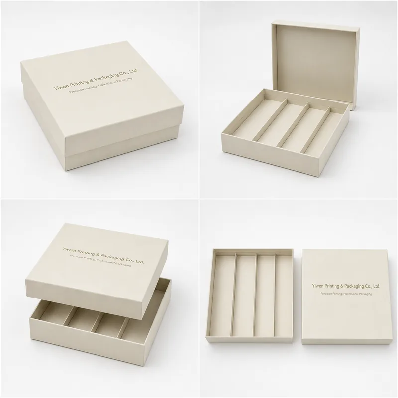 Ivory lid and base box shown closed, open with dividers, and with its two parts separated