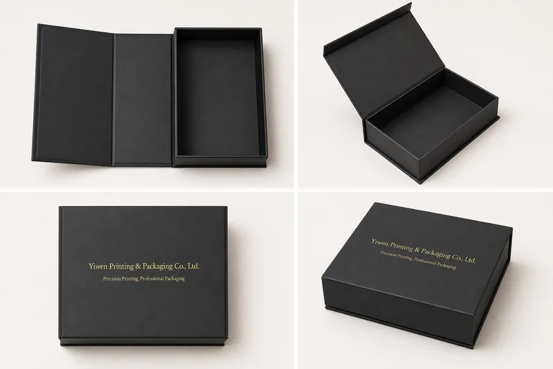 Black magnetic book-shaped rigid box shown open, closed, and in angled presentation views