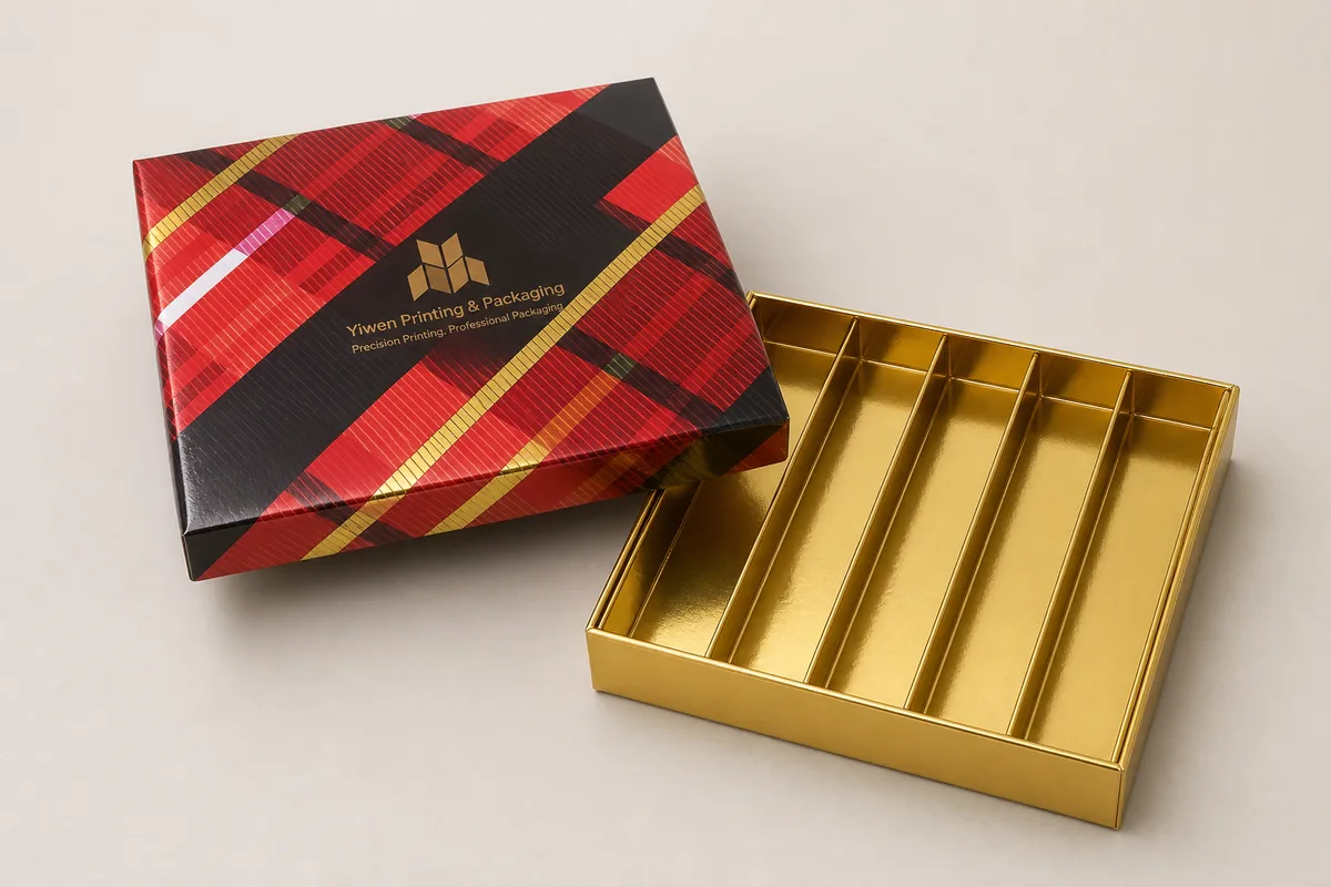Rot gemusterte Stülpdeckelschachtel mit goldfarbenem Fächer-Unterteil und abnehmbarem bedrucktem Deckel